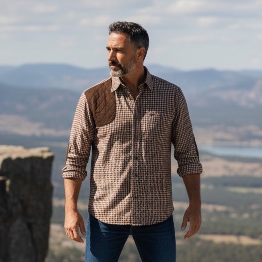 Gokey Mens Shooting Shirt L Brown Plaid Quilted Shoulder Elbow Patches Stretch